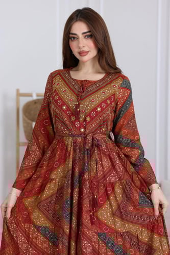 جلابية رايون قطن مشجرة بتطريز خفيف في الصدر