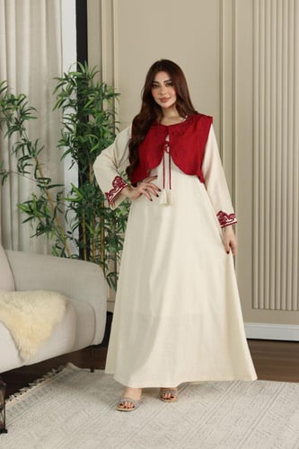 جلابية لينن ( نسائية ) بسديري عودي وتطريز كمبيوتر...