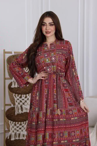 جلابية رايون قطن مشجرة بتطريز خفيف في الصدر