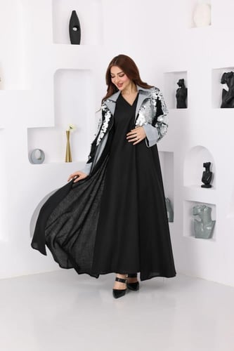 جلابية لينن قطعتين بتدخيلات الترتر وفتحة في الظهر