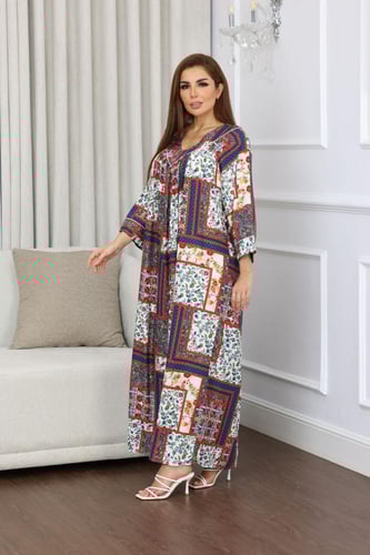 جلابية روز قطن خفيف صيفية طويلة ( رقبة سبعة )