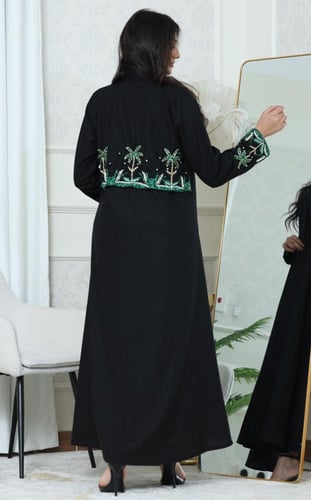 جلابية لينن مفتوحة بتطريز انيق - موديل عباية