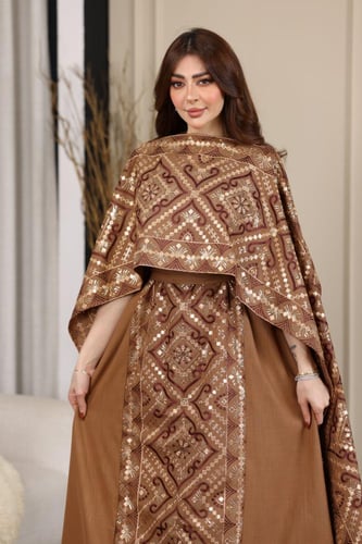 جلابية كويتية لينن قطعتين بتطريز كمبيوتر ممزوج بال...