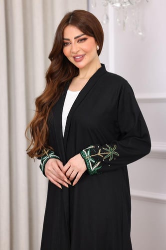 جلابية لينن مفتوحة بتطريز نخل انيق - موديل عباية