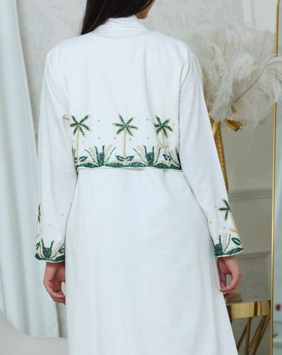 جلابية لينن مفتوحة بتطريز انيق - موديل عباية