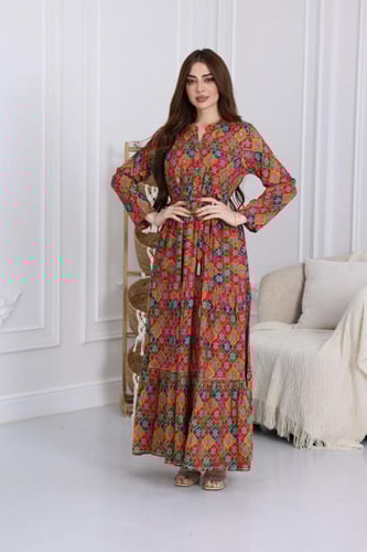 جلابية رايون قطن مشجرة بتطريز خفيف في الصدر