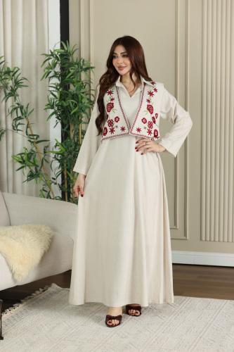 جلابية لينن ( نسائية ) بسديري وتطريز كمبيوتر مورد