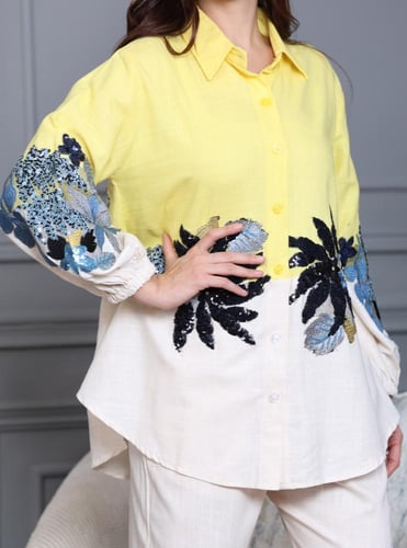 طقم لينن بتطريز مورد