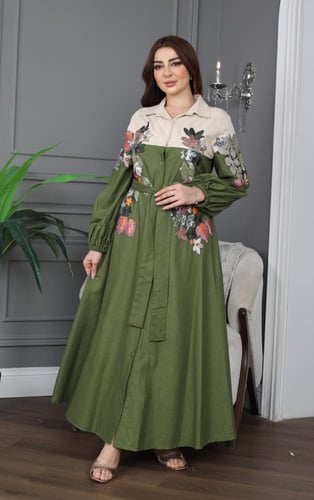 جلابية لينن أنيقة بتطريز مورد