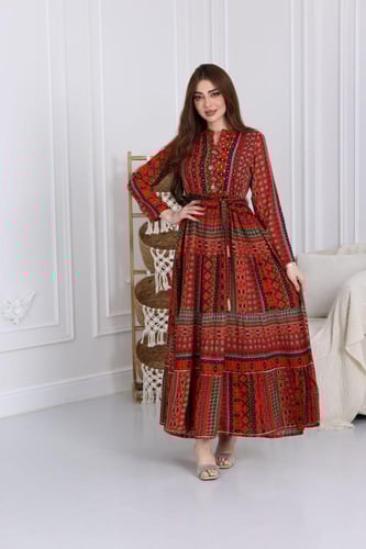 جلابية رايون قطن مشجرة بتطريز خفيف في الصدر