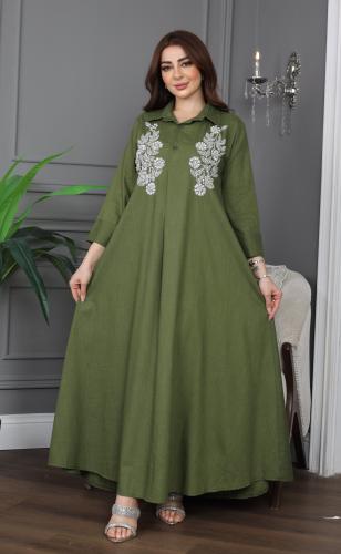 جلابية لينن بتطريز في الصدر بـ 3 ازرار