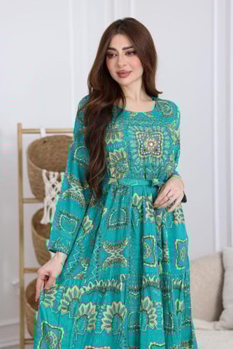 جلابية رايون قطن مشجرة بتطريز خفيف في الصدر