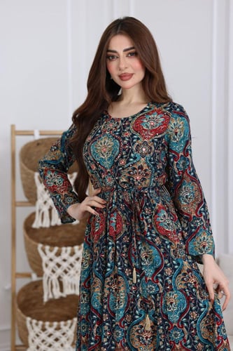 جلابية رايون قطن مشجرة بتطريز خفيف في الصدر