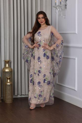 جلابية فراشة بخامة التل المطرز بالورود وبطانة