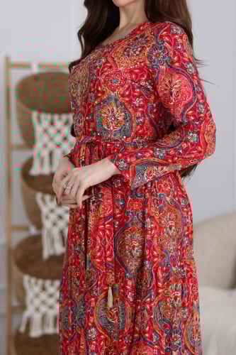 جلابية رايون قطن مشجرة بتطريز خفيف في الصدر