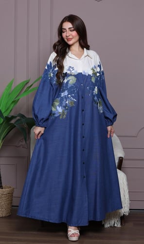 جلابية لينن أنيقة بتطريز مورد