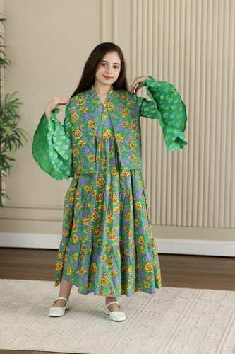 جلابية قطن قطعتين ( بناتية ) ربيعية بنقوشات جميلة