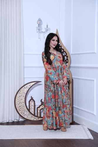 جلابية قطن موردة كلوش بنقوشات جميلة