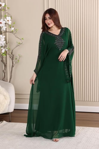 جلابية شيفون بتطريز شك يدوي فاخر واكمام فرنسية