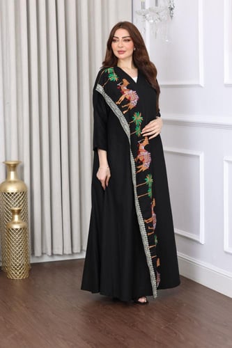 جلابية لينن بوشاح مطرز نخلة وجمل - تصميم عباية مفت...