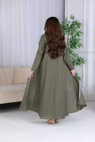 جلابية لينن قطعتين كويتية مطرزة بالفصوص الفضية في...