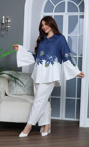 طقم بتطريز مورد واكمام واسعة