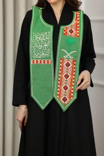 وشاح بخامة الكتان - بتطريز كمبيوتر سيفين ونخلة