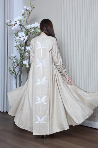 جلابية لينن قطعتين بتطريز نخلة في الظهر