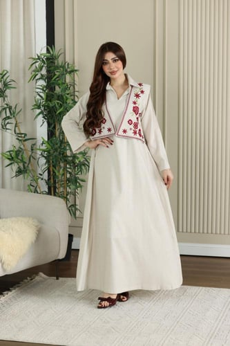 جلابية لينن ( نسائية ) بسديري وتطريز كمبيوتر مورد