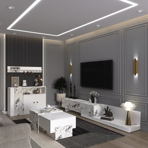 Movable white plasma table with marble pattern DE-121