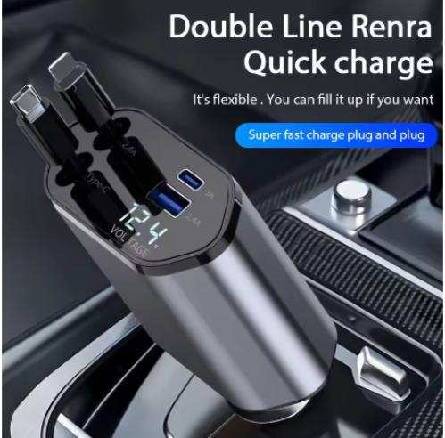 4 in 1 120 watt car charger retractable car cigarette lighter USB Type C fast charging cable iPhone Xiaomi Huawei Samsung