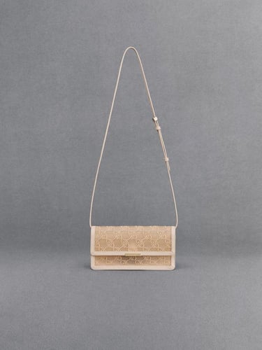 حقيبة كتف شبكية وجلدية مونوغرام - بيج- تشارلز اند...