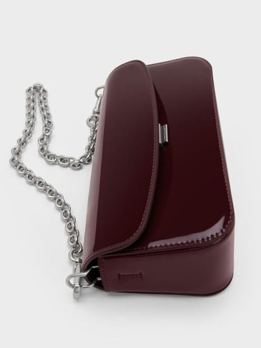 حقيبة كتف بمقبض سلسلة لامعة - بورجوندي مقاس S