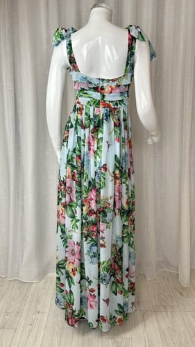 فستان شيفون طويل مشجر سماوي بأكمام عقدة ربط