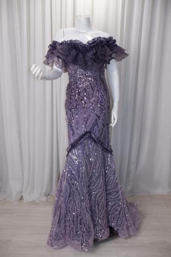 فستان تل موف ماكسي مطرز باكمام off shoulder وقصة ا...