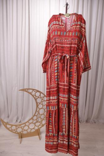 جلابية كلوش قطن احمر نقشات متعددة الألوان