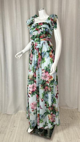 فستان شيفون طويل مشجر سماوي بأكمام عقدة ربط