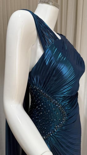 فستان شيفون بيليسه طويل أزرق بأكمام طويلة واسعة