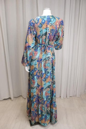 جلابية تركواز مشجر باكمام طويلة وحزام تخصير