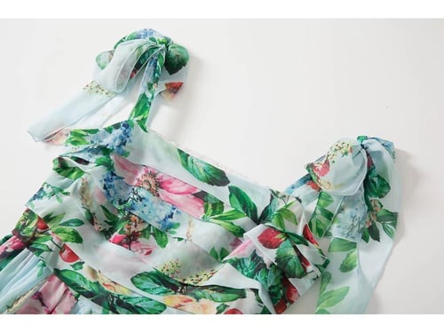 فستان شيفون طويل مشجر سماوي بأكمام عقدة ربط