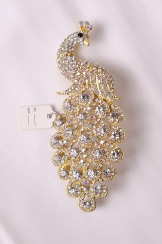 Peacock crystal silver brooch