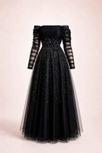 Tulle dress embroidered with crystals, sleeve drap...