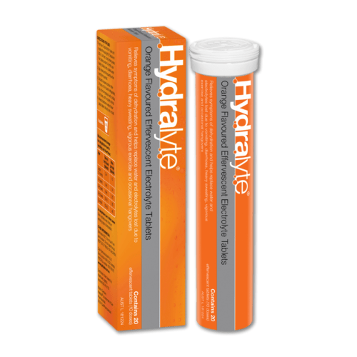 Electrolyte effervescent tablets with orange flavor, Hydralite - 20 tablet tube