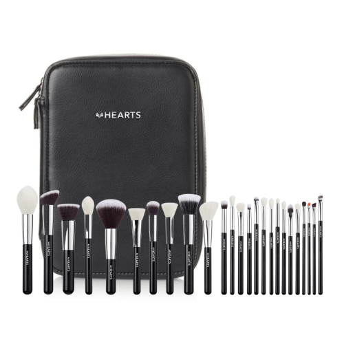 Professional 25-piece makeup brush set from HEARTS with a black leather case