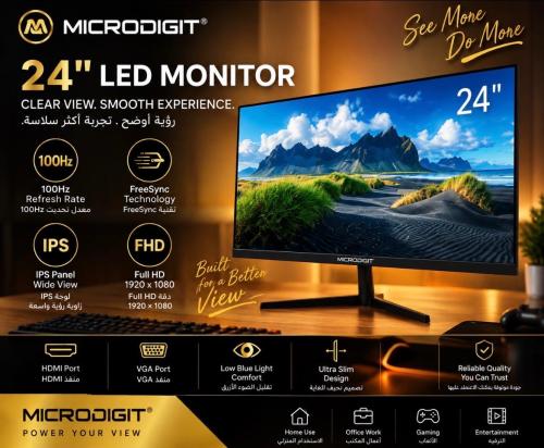 شاشة مايكرو ديجيت Microdigit 24 بوصة IPS LED بتردد 100Hz مع FreeSync – HDMI وVGA