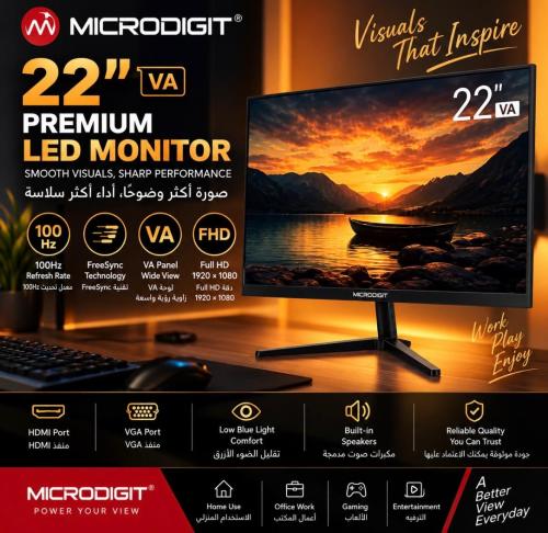شاشة مايكرو ديجيت Microdigit 22 بوصة LED VA بتردد 100Hz مع FreeSync – HDMI وVGA