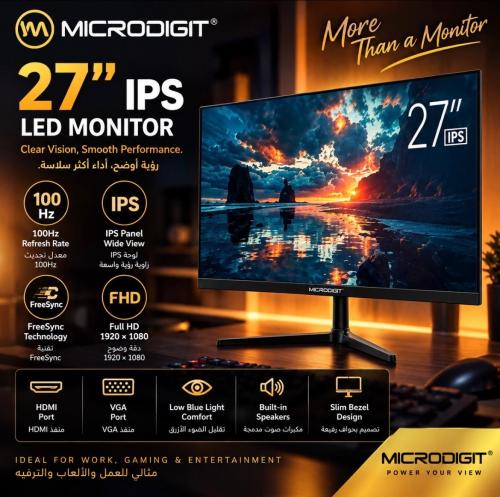شاشة مايكرو ديجيت Microdigit 27 بوصة IPS LED بتردد 100Hz مع FreeSync – HDMI وVGA