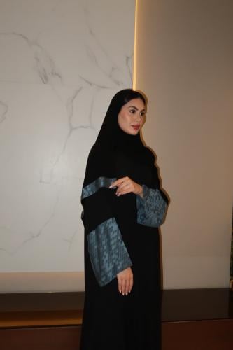 A Line Abaya, Black Crepe With Sky Blue Wide Sleeves