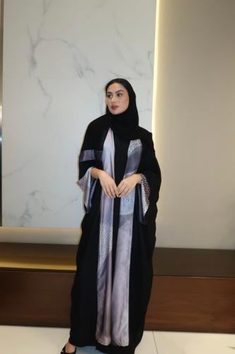 Half Bisht Abaya, Black Crepe In Grey Printed Silk