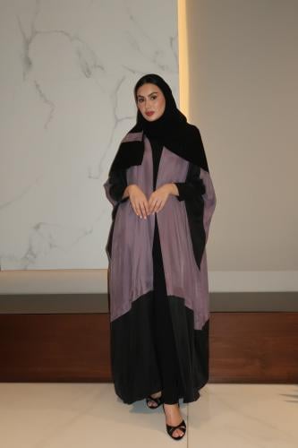 Half Bisht Abaya, Washed Japanese Silk in Black & Lavender